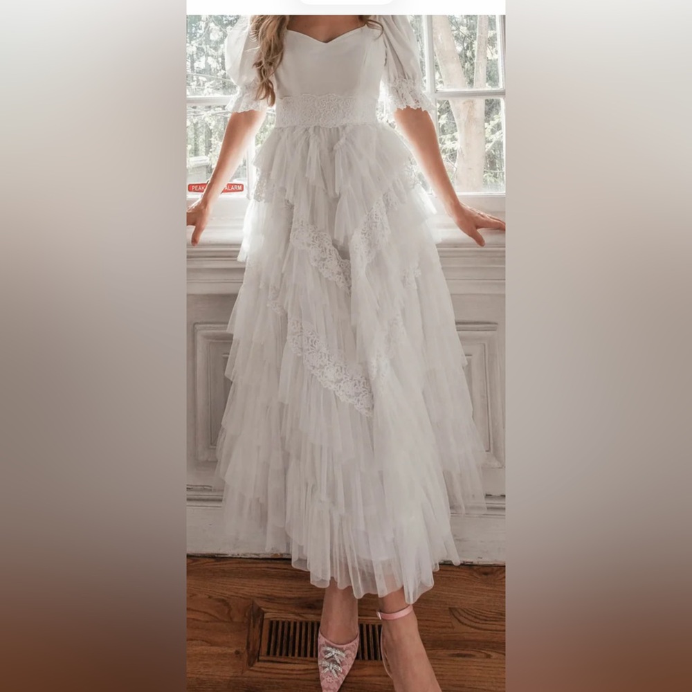 JessaKae White Tiered Lace Midi Dress with Puff Sleeves